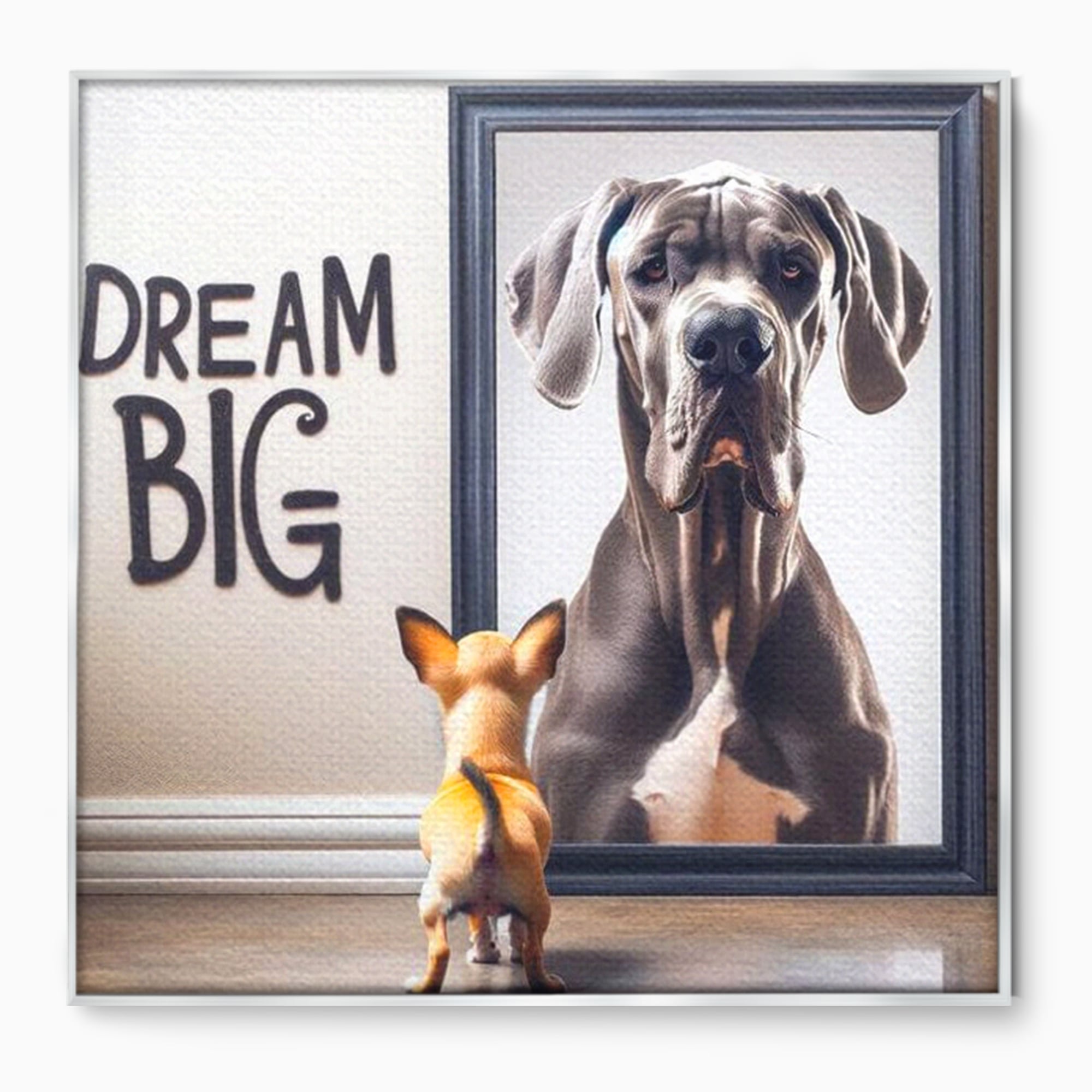 Tablou canvas cu tablou motivational cu caine mic si caine mare, in rama de aluminiu argintiu